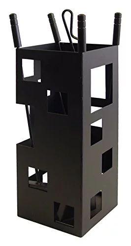 Imex El Zorro – Juego de Chimenea Cuadrado con Útiles Negros | Incluye Atizador, Escobilla, Pala y Tenaza | Soporte Metálico Decorativo (50 x 20 x 20 cm)
