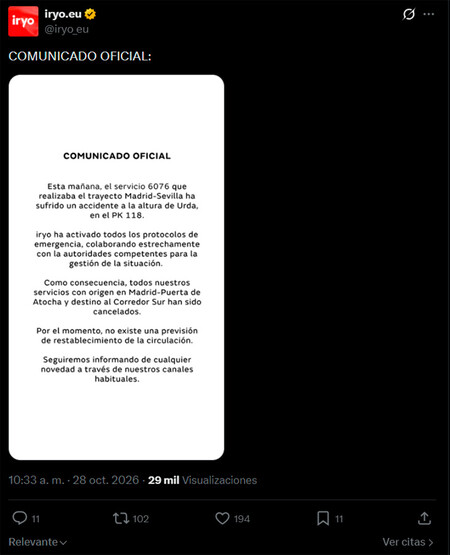 Iryo Comunicado Accidente Toledo