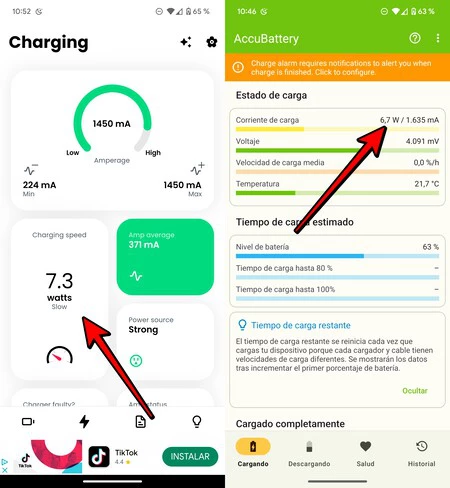 「Electron」(左)と「AccuBattery」(右)の充電電力