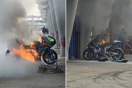 La imagen de la jornada en Sepang: La moto de Álex Rins envuelta en llamas dentro del box