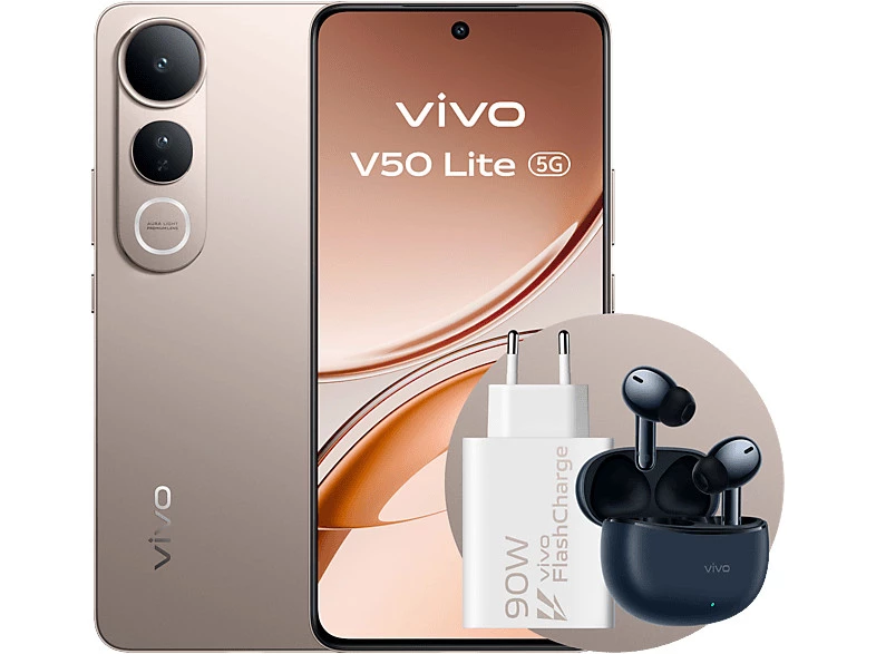 Móvil - vivo V50 Lite 50, Titanium Gold, 256 GB, 8 GB RAM, 6.77" AMOLED