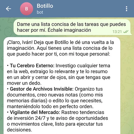 Aparte de contacto de WhatsApp, con un número propio, creé un bot de Telegram para Moltbot
