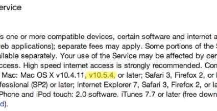 Mac OS X 10.5.4, encontrado entre los requisitos de MobileMe