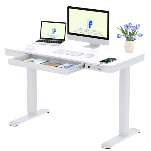 FLEXISPOT Q3 Escritorio Elevable Escritorio con Tablero Entero, Standing Desk, Mesa de Elevable con Función de USB Y Táctil, Tocador con Cajón 120x60cm (Blanco)