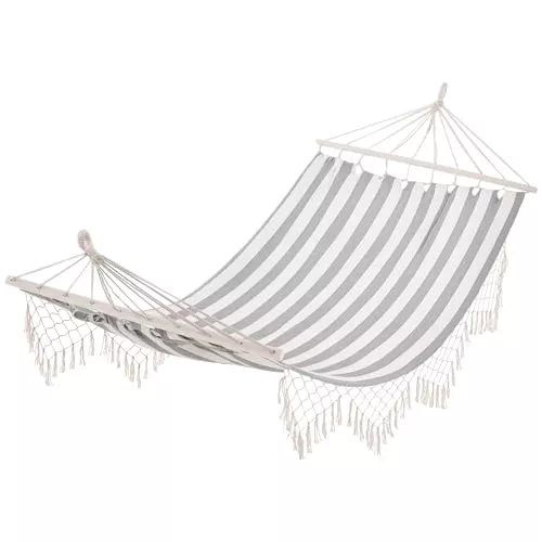 Outsunny Hamaca de Jardín 200x100 cm Hamaca Colgante con Travesaños de Madera Carga 120 kg para Patio Terraza Balcón Camping Gris y Crema