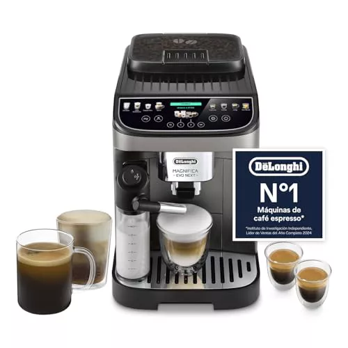 De’Longhi Magnifica Evo Next – Perfetto Cafetera Superautomática, LatteCrema Jarra de leche automática, 13 Bebidas One-Touch, Pantalla Táctil a Color, Titanio y Negro (ECAM312.80.TB)