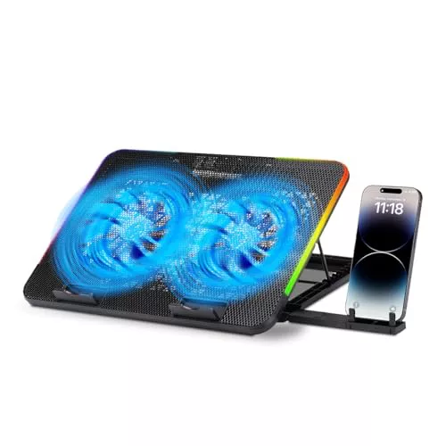 NK Base Refrigeradora Portátil Gaming 17"- 7 Modos Luces LED RGB, 2 Ventiladores Silenciosos con Velocidades Ajustables, 5 Alturas Ajustables, Puerto USB, Phone Holder, Refrigeración Rápida