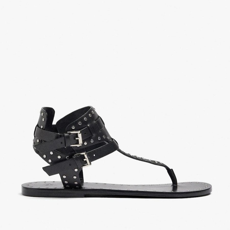 Sandalias de dedo de mujer de piel con tira ancha y tachuelas decorativas Parfois