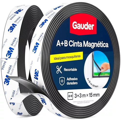 GAUDER Cinta Magnética A+B para Mosquiteras - Tiras Magnéticas Autoadhesivas con Fuerte Atracción Mutua - Cinta con Parte Complementaria y Adhesivo Fuerte (3+3 m)