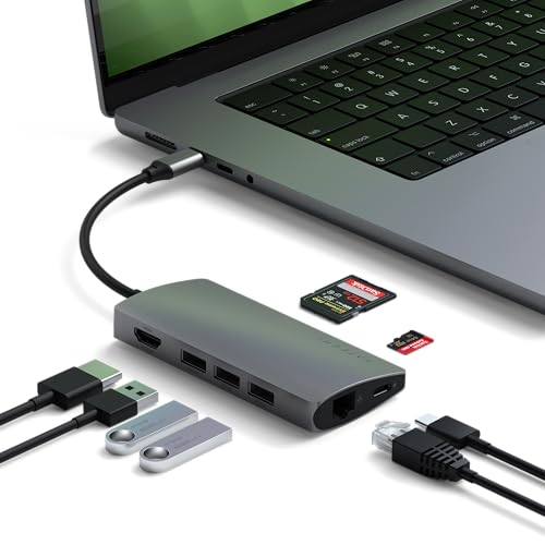 SATECHI Hub USB C 8 en 1 Multipuerto V2 con HDMI 4K, Carga PD hasta 115W, 3X USB-A, Ethernet, Lectores de Tarjeta SD/MicroSD, para Portátiles, MacBook Pro/Air, iPad, iPhone y Windows – Gris Espacial