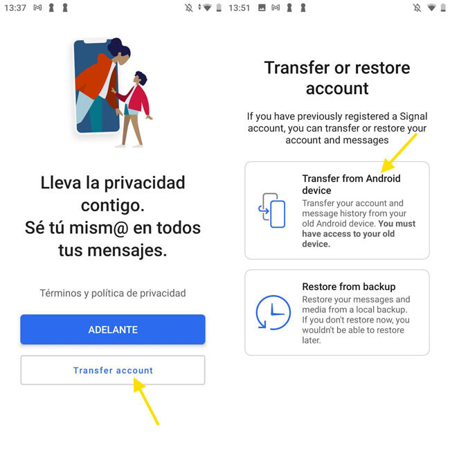 Signal introduce 'Transferir cuenta' para pasar fácilmente los chats