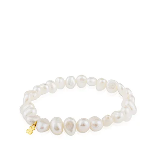 TOUS Pulsera de Perlas Barrocas para Mujer con Motivo Oso en Oro Amarillo de 18kt, 17.5 cm de Largo, Elegante y Atemporal, Colección Sweet Dolls