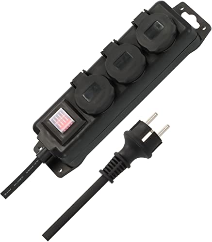 Brennenstuhl regleta de enchufes IP44 con 3 enchufes (con Interruptor, Cable de 2m, Tapa de Cierre automático, Base de enchufes múltiple para Exteriores y un Uso Robusto y Permanente en Exteriores)