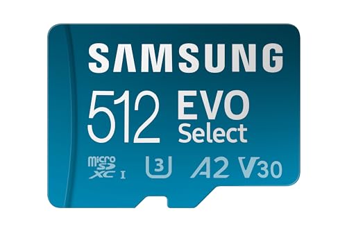 Samsung Evo Select (2024) MicroSD card + SD adapter, 512 GB, smartphone and tablet memory card, UHS-i U3, 4K UHD, Full HD, Reading 160 MB/S, MB-MB-ME512SA/EU