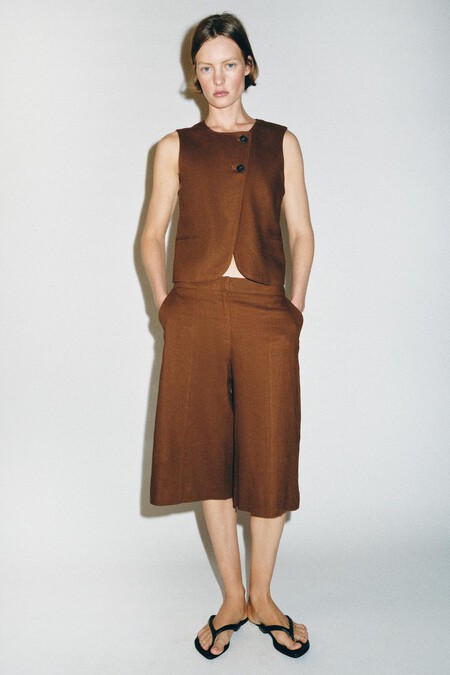 Trajes Lino Chaleco Zara Oficina Trabajo Primavera Verano Elegante Conjunto Monocolor