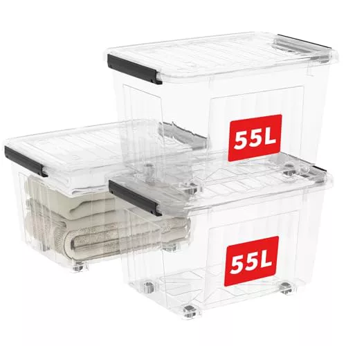 Cetomo 55L*3 Cajas de Almacenamiento con Tapas, Contenedores de Plástico con Ruedas