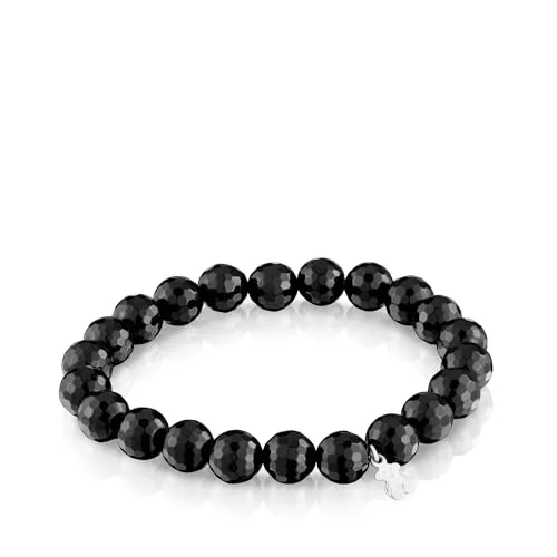 TOUS Pulsera Elástica Negra de Onix con Motivo de Oso en Plata de Primera Ley para Mujer, 16.5cm de Largo, Colección Basics