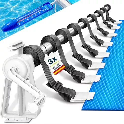 tillvex Enrollador de Cubiertas para Piscinas 1,05-6,15 m con termómetro | Sistema Móvil de Enrollado para Lonas, Láminas Solares incly. Cintas de Fijación