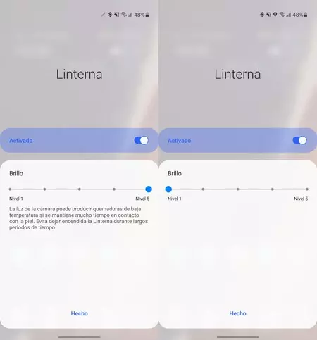 非表示の懐中電灯メニューのさまざまな明るさレベル
