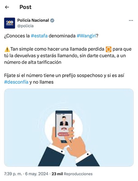 ¿Conoces la estafa denominada Wangiri? Tan simple como hacer una llamada perdida para que tú la devuelvas y estarás llamando, sin darte cuenta, a un número de alta tarificación. Fíjate si el número tiene un prefijo sospechoso y si es así desconfía y no llames