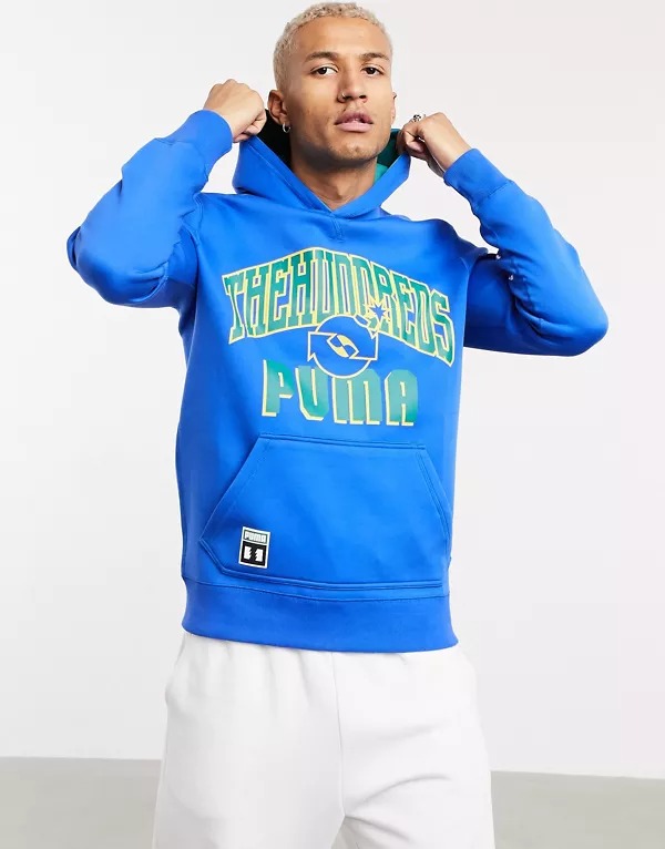 Puma x The Hundreds oversized college logo reversible hoodie in blue and green