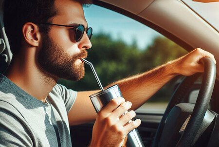 Conductor bebiendo en el coche con una pajita metálica