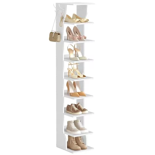 VASAGLE Zapatero, Zapatero de Entrada 9 Niveles, Estante de Zapatos Estrecho, para Pasillo, Esquina, Vestidor, Blanco Mate LBS210WB01