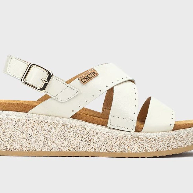 Sandalias de cuña de mujer de piel con suela extraligera y plantilla extraíble Blanco Pikolinos


