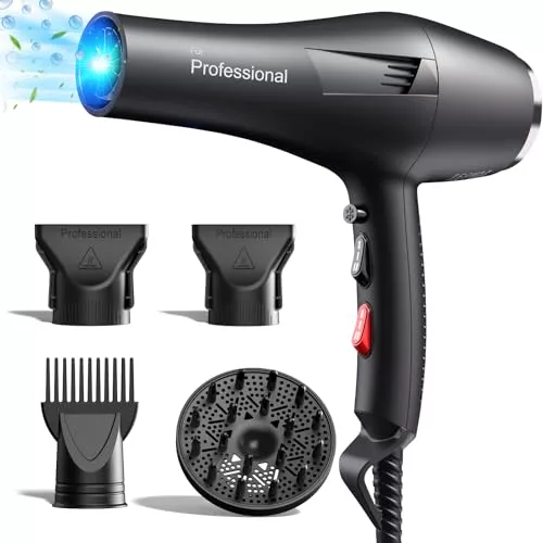 HappyGoo Secador de pelo de iones profesional, secador de pelo con 1 difusor, 2 boquillas de peinado, 3 niveles de calor y 2 velocidades, Rápido Secado Cabello (Pitch Negro)