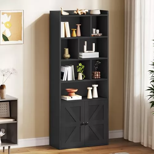 YITAHOME Librería de 4 Niveles con Puertas y Armario estantería de pie para Libros estantería con Compartimento Abierto para el hogar la Oficina, Negro, 60 x 30 x 159 cm
