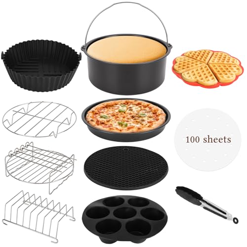 Aigostar Accesorios freidora de Aire, 12 Piezas Accesorios Airfryer Molde Silicona, freidora de Aire Papel, Bandeja Pizza, Parrilla, Sin BPA für COSORI/Philips4.2L, 5,5L 6,2L 6,5L(22CM)
