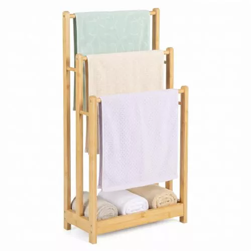 Lifezeal - Toallero de pie de bambú con 3 barras y estante, secador de toalla de pie, soporte para toallas de baño, 45 x 22 x 86 cm (natural)