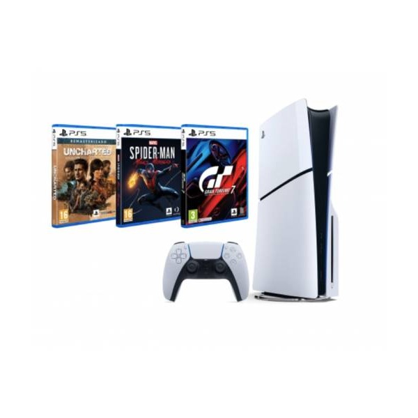 Consola Playstation 5 Slim Estándar D 1TB + Pack Triple Sony Gran Turismo 7 + Marvel's Spider-Man Miles Morales + Uncharted El legado de los ladrones
