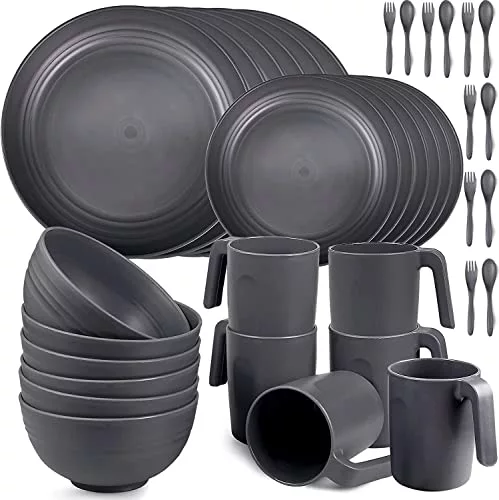 Juego de Vajilla Irrompible 36 Piezas para 6 Personas – Platos, Cuencos, Vasos y Cubiertos de Plástico, Apto para Microondas y Lavavajillas, Ligero, Ideal para Camping, Picnic y Barbacoa
