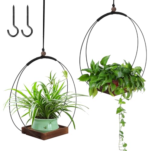 2 Piezas Macetas Colgantes, Maceta Colgante Interior con Base de Madera y Ganchos, Macetero Colgante Interior Macrame, Colgantes con Estilo, para Interiores Y Exteriores, Ventana (Negro-1)