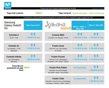 Precios Samsung Galaxy Note20 5g De 256 Gb A Plazos Con Tarifas Movistar