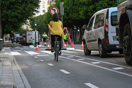 Ciclista circulando por carril segregado para ciclos en ciudad