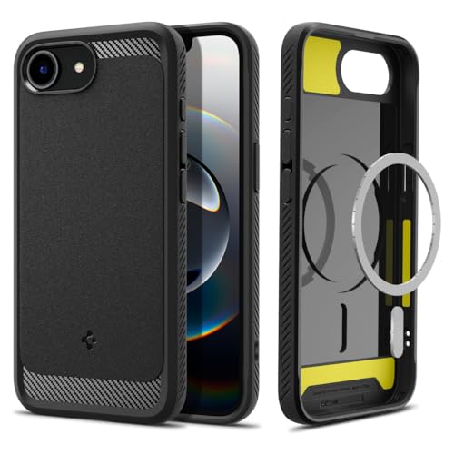 Spigen Funda para iPhone 17e / iPhone 16e, Rugged Armor MagFit Compatible con MagSafe - Negro Mate