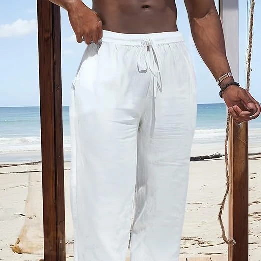 Pantalones casuales de lino para hombre, ajuste holgado, cintura elástica con cordón, pierna ancha, pantalones largos de verano ligeros para la playa
