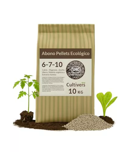 CULTIVERS Abono Pellets Plantas Ecológico 10 Kg granulado Universal NPK 6-7-10 con Calcio Micros Materia Orgánica Húmicos para Huerto y Jardín Fertilizante Orgánico Natural para Cultivos
