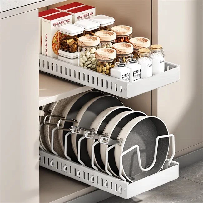Juego de 2 estantes ajustables para ollas de cocina, tipo cajón, organizador de condimentos, color blanco
