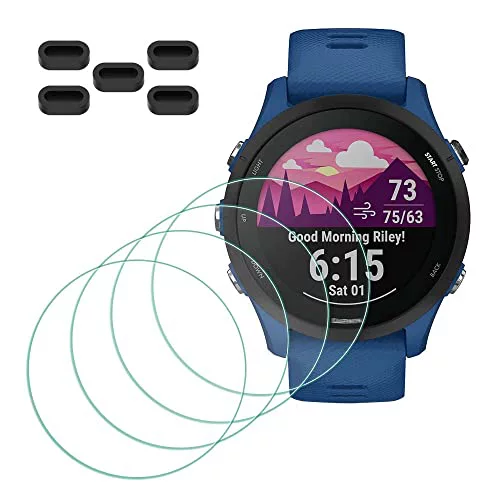 MTHGH Protector de pantalla de cristal templado Compatible con Garmin Forerunner 255/255 Music [4 piezas] + tapones antipolvo 5 piezas, Dureza 9H libre de burbujas cubierta protectora ultrafina