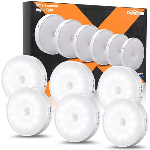 6 Pack Luz Led Nocturna con Sensor de Movimiento,12 LED, Lámpara LED Recargable USB, Luz Nocturna para pared, iluminación de armario, sensor de movimiento interior para escaleras, dormitorio, cocina.