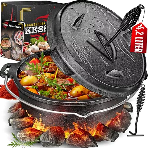 KESSER® Juego de horno holandés para barbacoa, 12 litros, olla para hoguera con posavasos de acero inoxidable, olla de hierro fundido con elevador de tapa, asa y ranura para termómetro