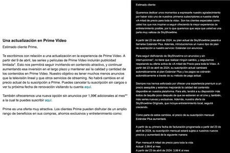 Amazon Prime VideoとSkyShowtimeが加入者に変更を通知する電子メールからの抜粋