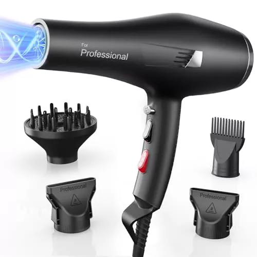 Secador de pelo profesional iones, Hair Dryer iónico con 1 difusor, 2 boquillas de peinado
