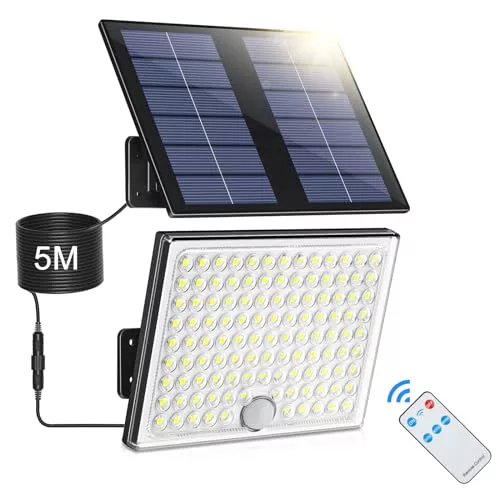 Realky Luz Solar con Sensor de Movimiento, Foco Exterior con Control Remoto, 2000mAh 3 Modos IP65 Impermeable, Luces Led para Jardín, Lámpara con Cable de 5M, 1 Pieza
