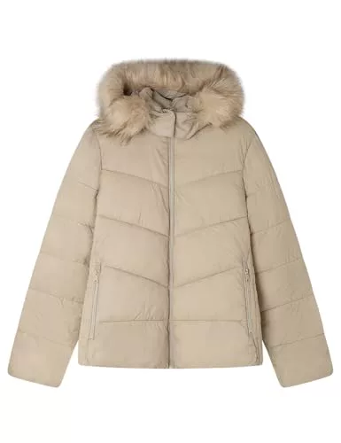 Springfield Short Sorona Puffed Jacket Pockets, Front Zipper, Hood with Fur AT Edge and Inside Waist GARTHERING Chaqueta Abolojada, Beige, M para Mujer
