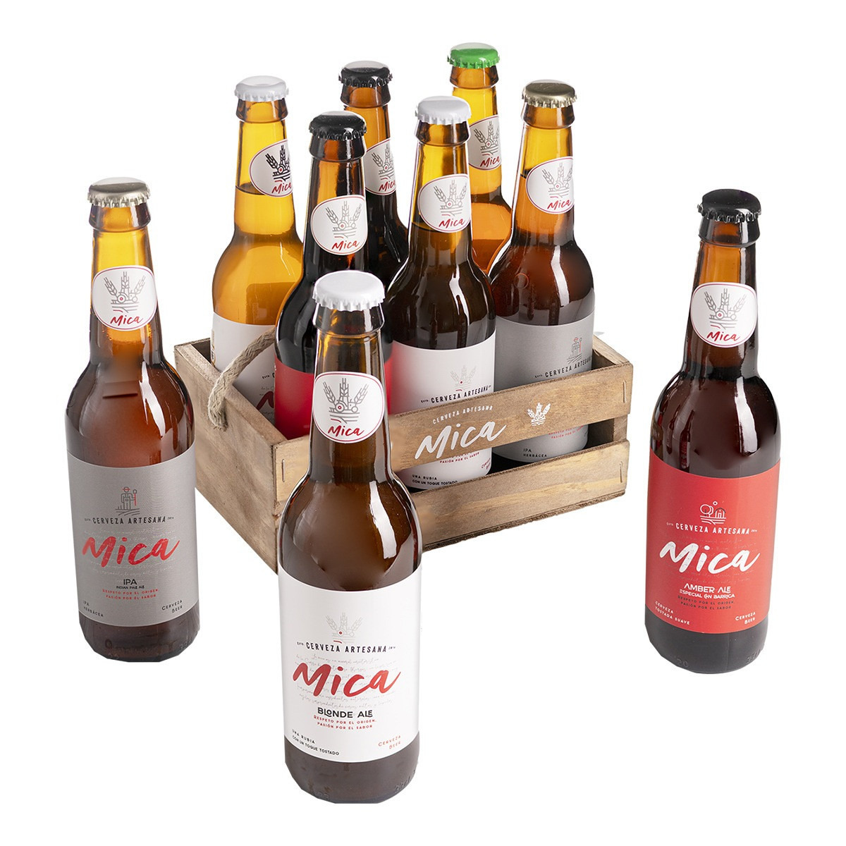 Pack de 6 cervezas artesanas Mica en caja de madera