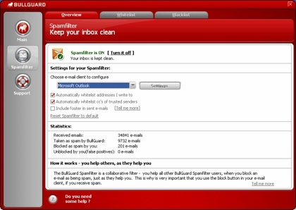 BullGuard Free Spamfilter, protección contra el spam